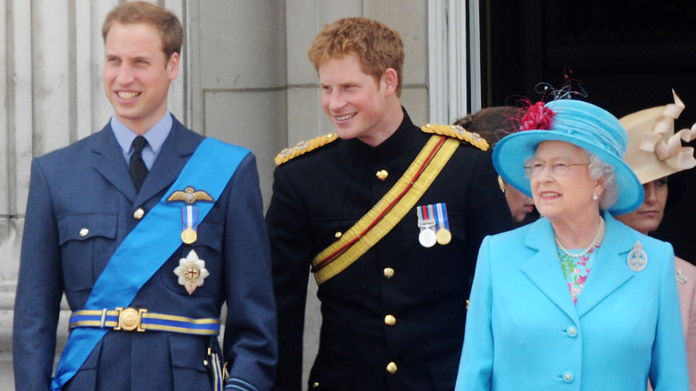 Prince William, Prince Harry, and Queen Elizabeth smiling