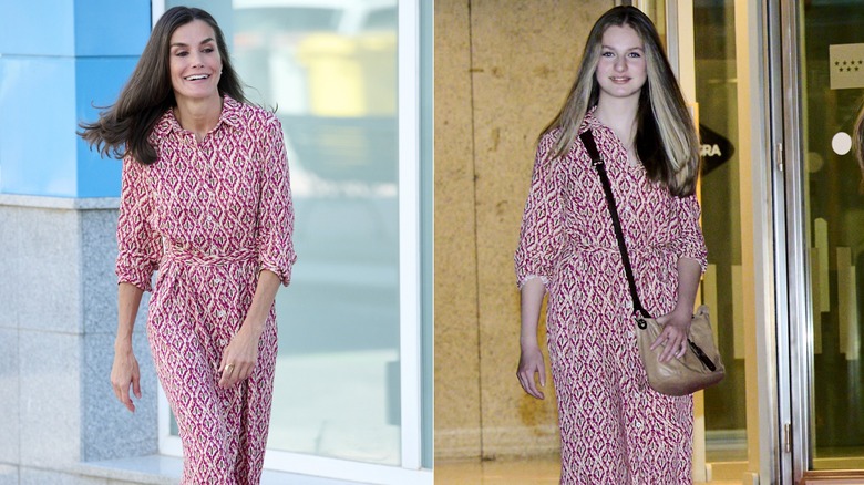 Split image of Queen Leonor & Princess Letizia in matching dress