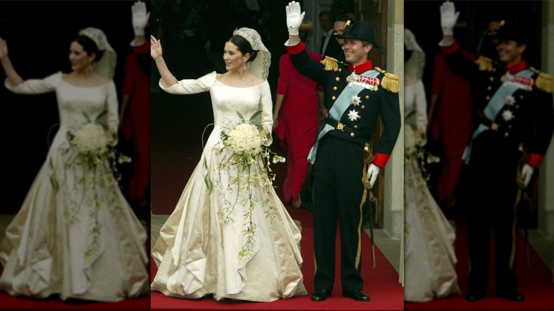 Princess Mary and Prince Frederik of Denmark waving on their wedding day