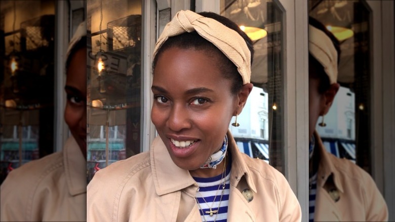 Woman wearing raffia headband