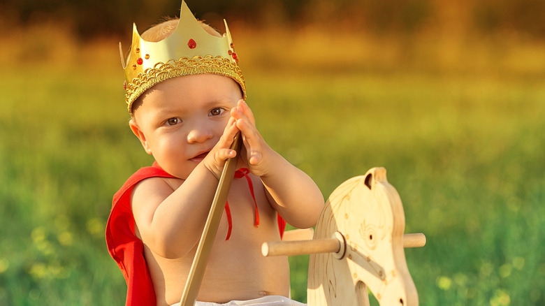 baby on a wooden horse wearing a crown