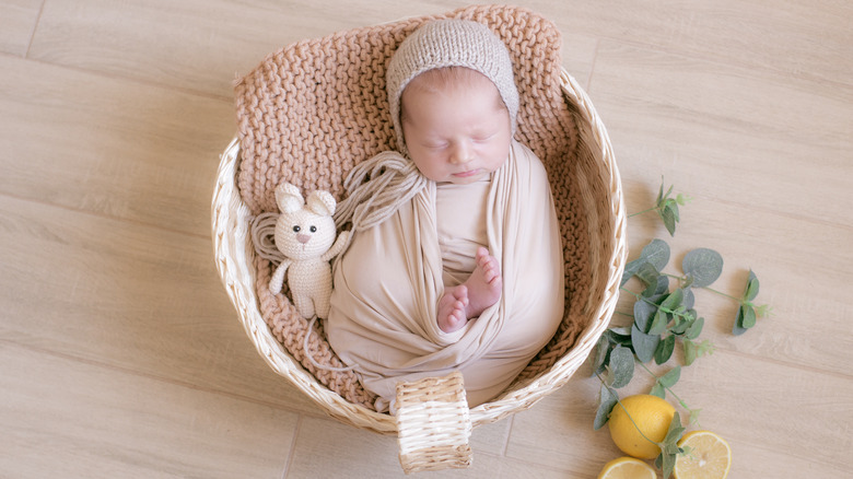 Baby sleeping in basket