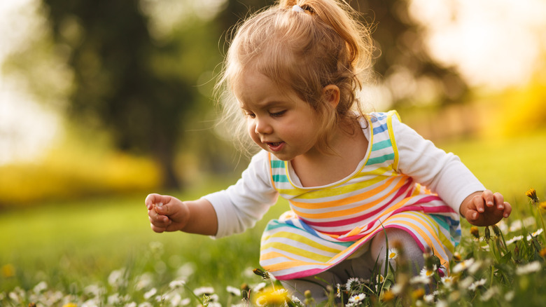 Baby girl picking flowers