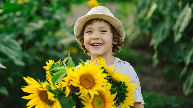 Young boy with sunflowers