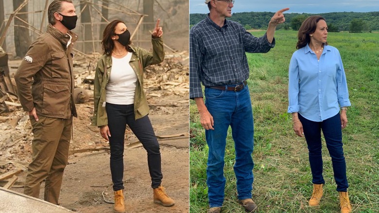 Kamala Harris wearing boots, jeans, and button-down shirt in split image