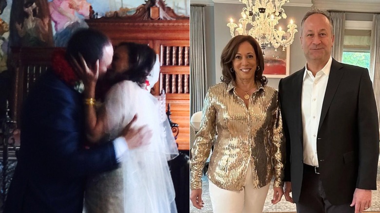 Doug Emhoff and Kamala Harris kissing at their wedding; posing before Beyoncé concert