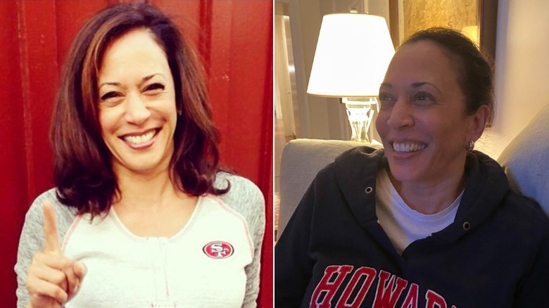 Kamala Harris in 49ers shirt and Howard hoodie split image