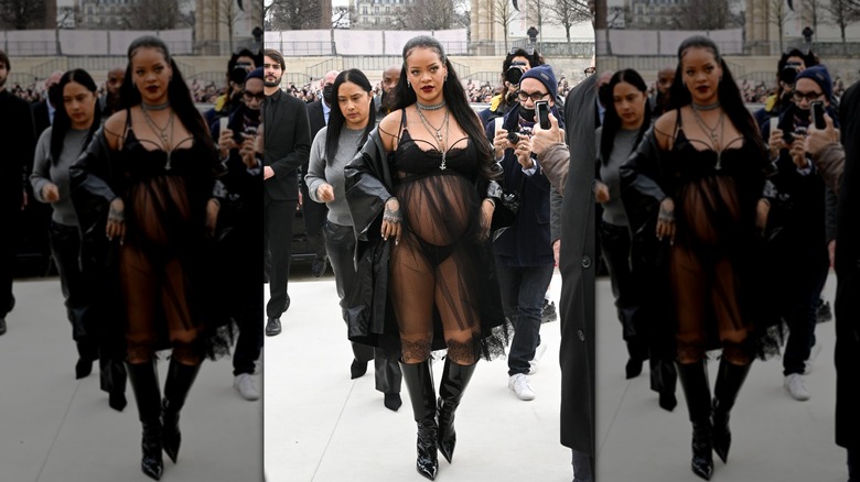 Rihanna wearing a sheer maternity dress 