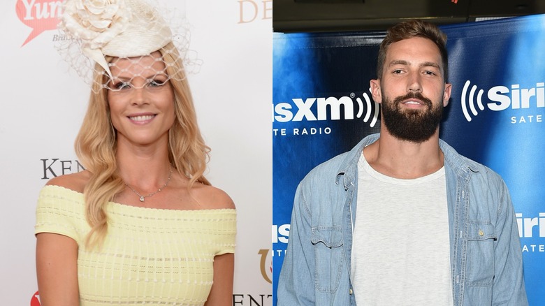 Split screen of Elin Nordegren and Jordan Cameron smiling at different events