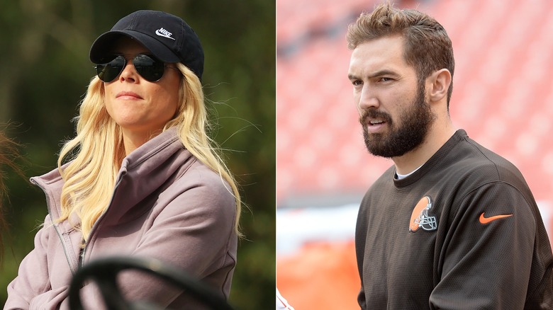 Split screen of Elin Nordegren wearing a hat and sunglasses and Jordan Cameron warming up before a football game