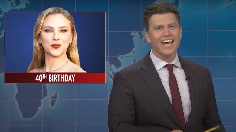 Colin Jost on "Weekend Update" reading a joke about Scarlett Johansson