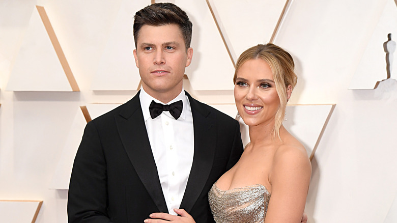 Colin Jost and Scarlett Johansson at the 92nd Annual Academy Awards at Hollywood and Highland on February 09, 2020 in Hollywood, California.