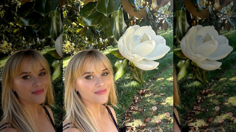 Reese Witherspoon next to magnolia flower