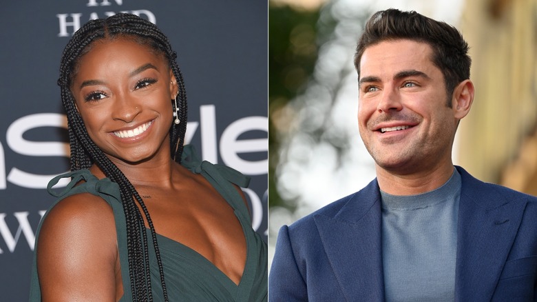 Split image of Simone Biles and Zac Efron