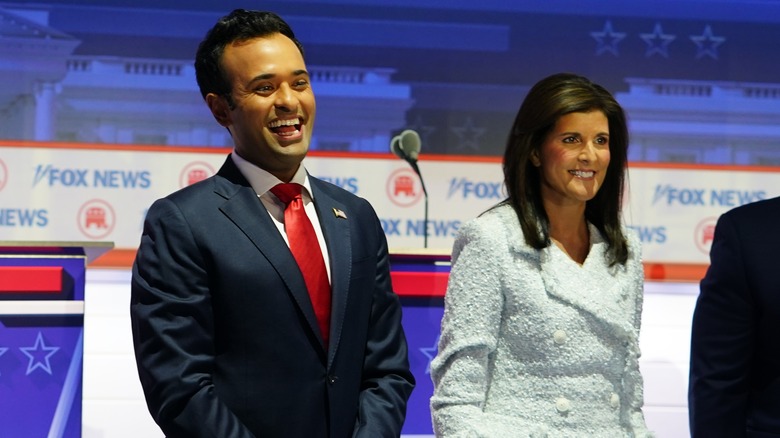 Vivek Ramaswamy and Nikki Haley on stage