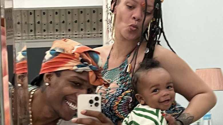 A$AP Rocky, Rihanna and baby RZA posing for a silly photo