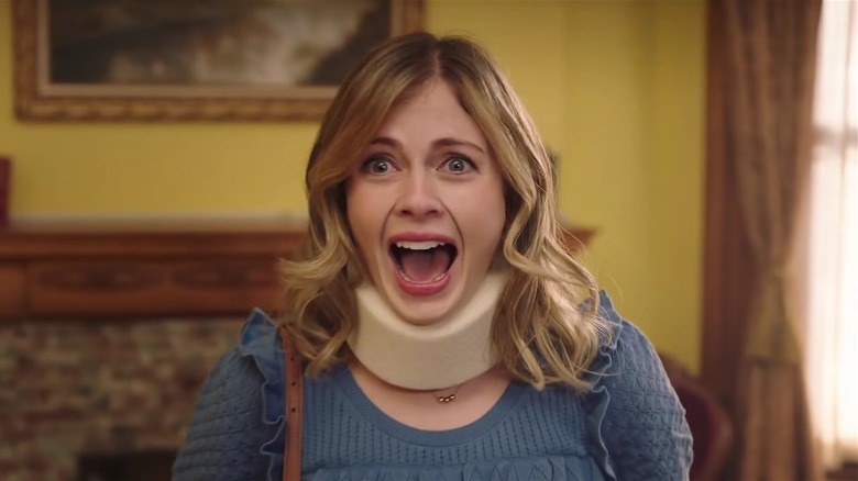 Rose McIver wearing neck brace screaming