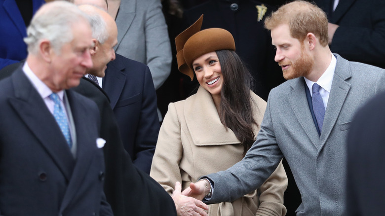 Meghan and Harry greet someone with Charles in foregrond