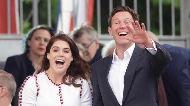 Princess Eugenie and Jack Brooksbank smiling enthusiastically 