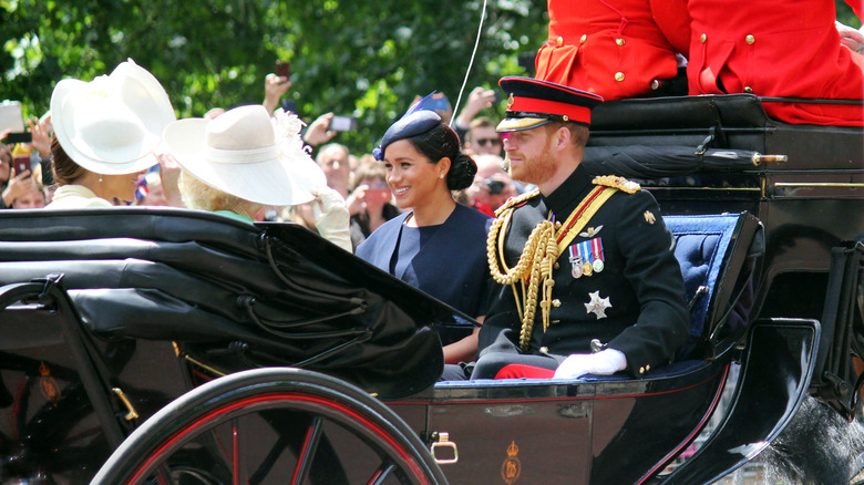 Prince Harry and Meghan Markle smiling together in a carriage