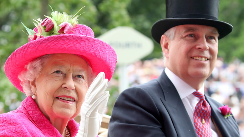 Queen Elizabeth and Prince Andrew waving 