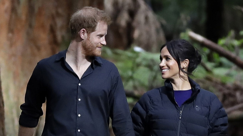 Meghan Markle and Prince Harry smiling at each other 