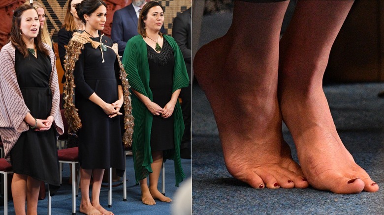 Meghan Markle at ceremony, closeup on painted nails split image