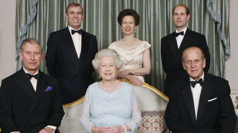 Prince Charles, Prince Andrew, Princess Anne, Prince Edward, Queen Elizabeth, and Prince Philip 