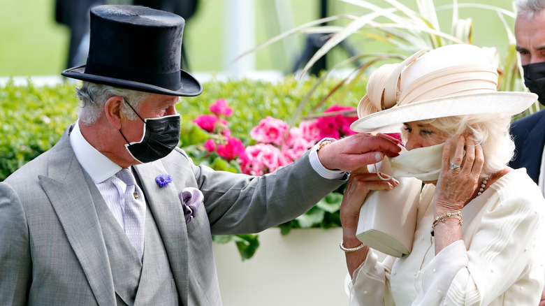 Prince Charles helping Camilla put on her mask at the Royal Ascot