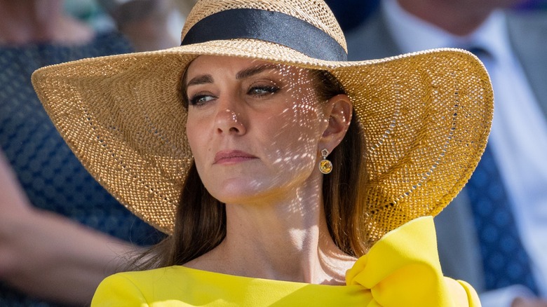 Kate Middleton frowning in sunhat