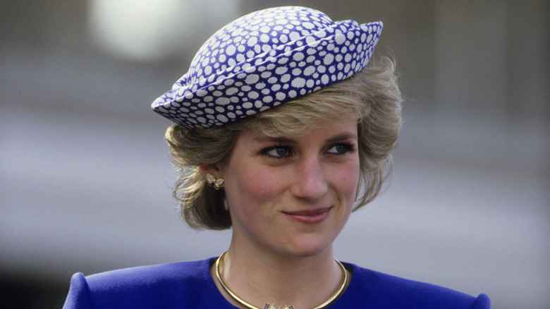 Princess Diana smiling in blue hat