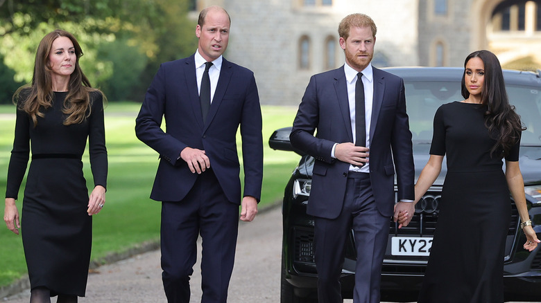 William, Catherine, Harry, and Meghan walk at queen's funeral