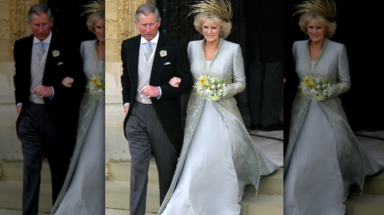 King Charles looking at Queen Camilla on wedding day