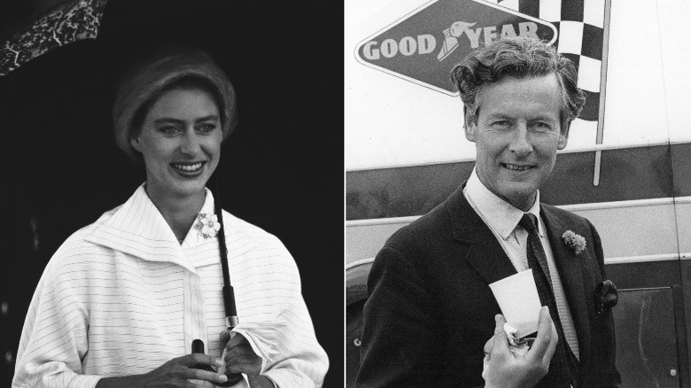 Princess Margaret with an umbrella (left) Peter Townsend poses for a photo (right)