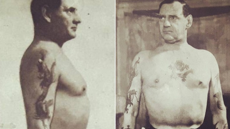 King Frederick bare-chested showing tattoos