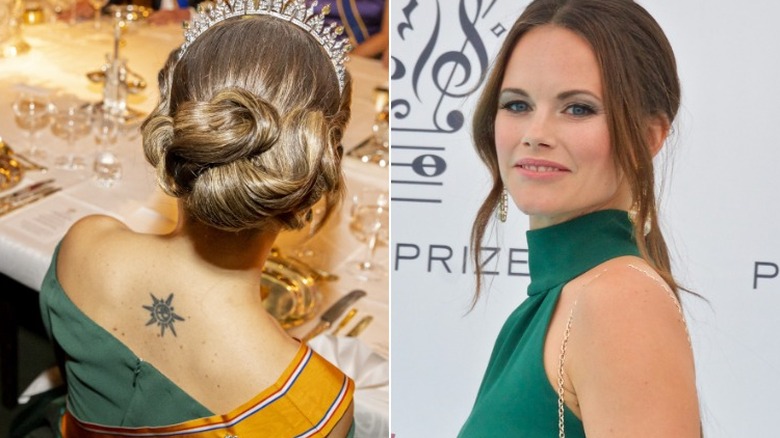 Princess Sofia's back tattoo and smiling in green dress