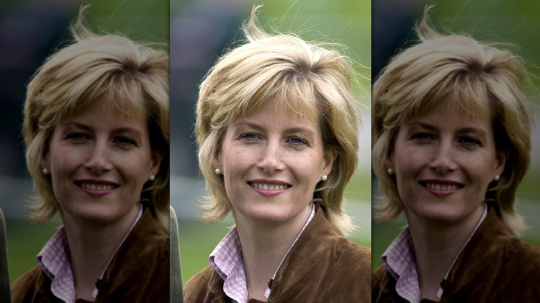 Closeup of Sophie Duchess of Edinburgh smiling in a brown suede jacket