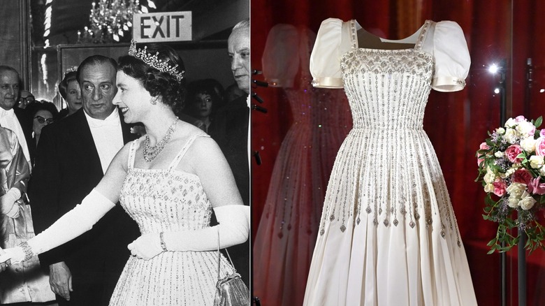 Queen Elizabeth II smiling in 1962 and Princess Beatrice's gown in glass case