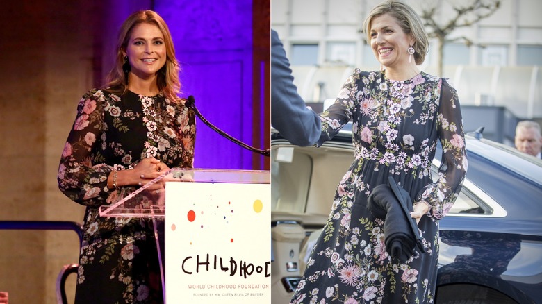 Princess Madeleine of Sweden and Queen Maxima of the Netherlands smile in floral gowns