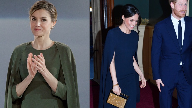 Queen Letizia of Spain and Meghan Markle smile in matching dresses