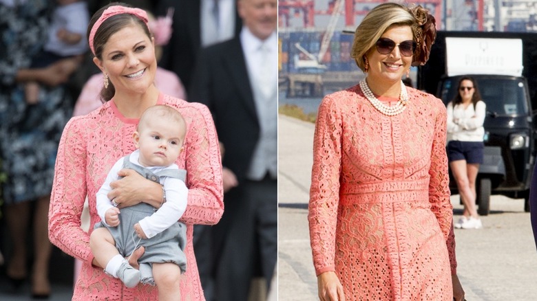 Princess Victoria of Sweden and Queen Maxima of the Netherlands smile in pink dresses