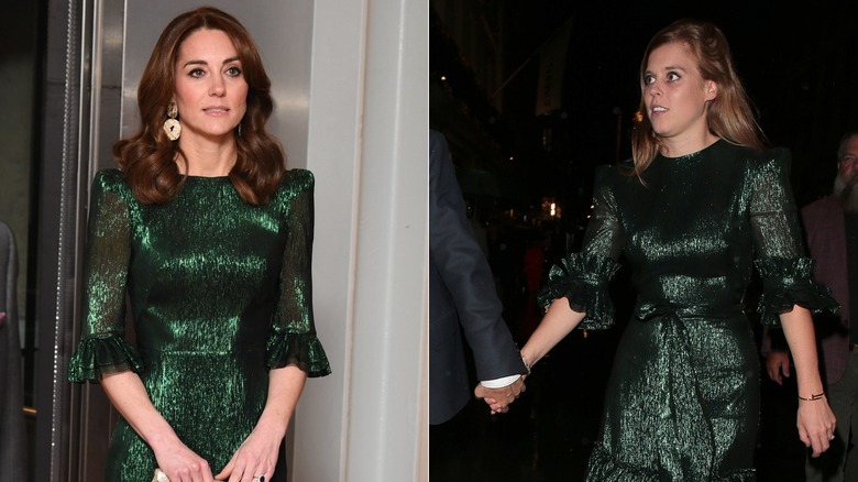 Catherine, Princess of Wales and Princess Beatrice walk in green dresses