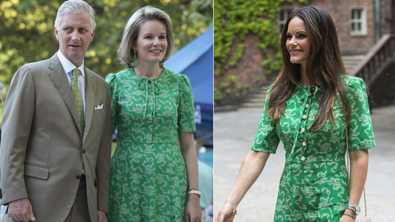 Queen Mathilde of Belgium and Princess Sofia of Sweden smile in matching green dresses