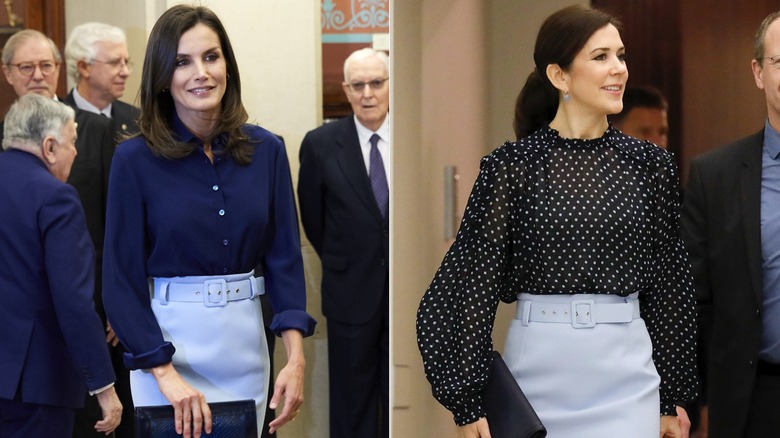 Queen Letizia of Spain and Princess Mary of Denmark smile in matching blue skirts