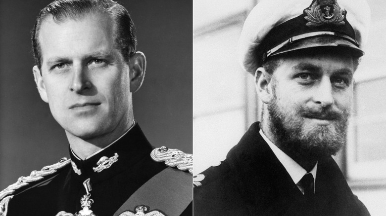 Split image of Prince Philip with no facial hair vs. facial hair