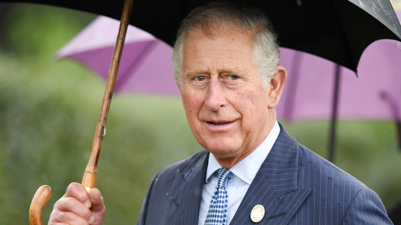 Prince Charles holding an umbrella