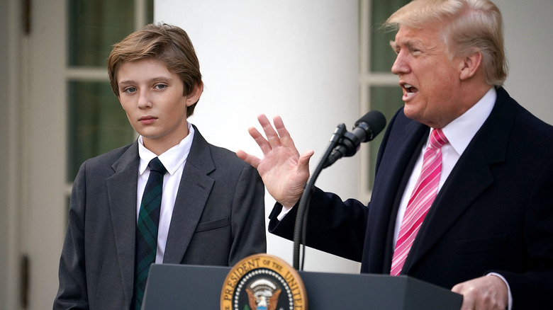 Barron Trump looking out as Donald speaks at White House