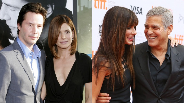 Keanu Reeves and Sandra Bullock posing