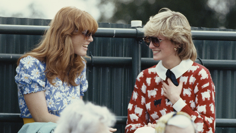 Sarah Ferguson and Princess Diana talking and smiling 