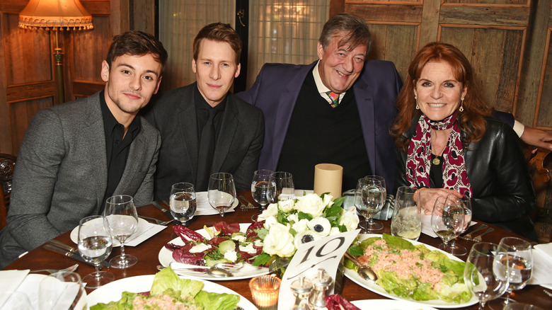 Tom Daley, Dustin Lance Black, Stephen Fry, Sarah, Duchess of York, at dinner